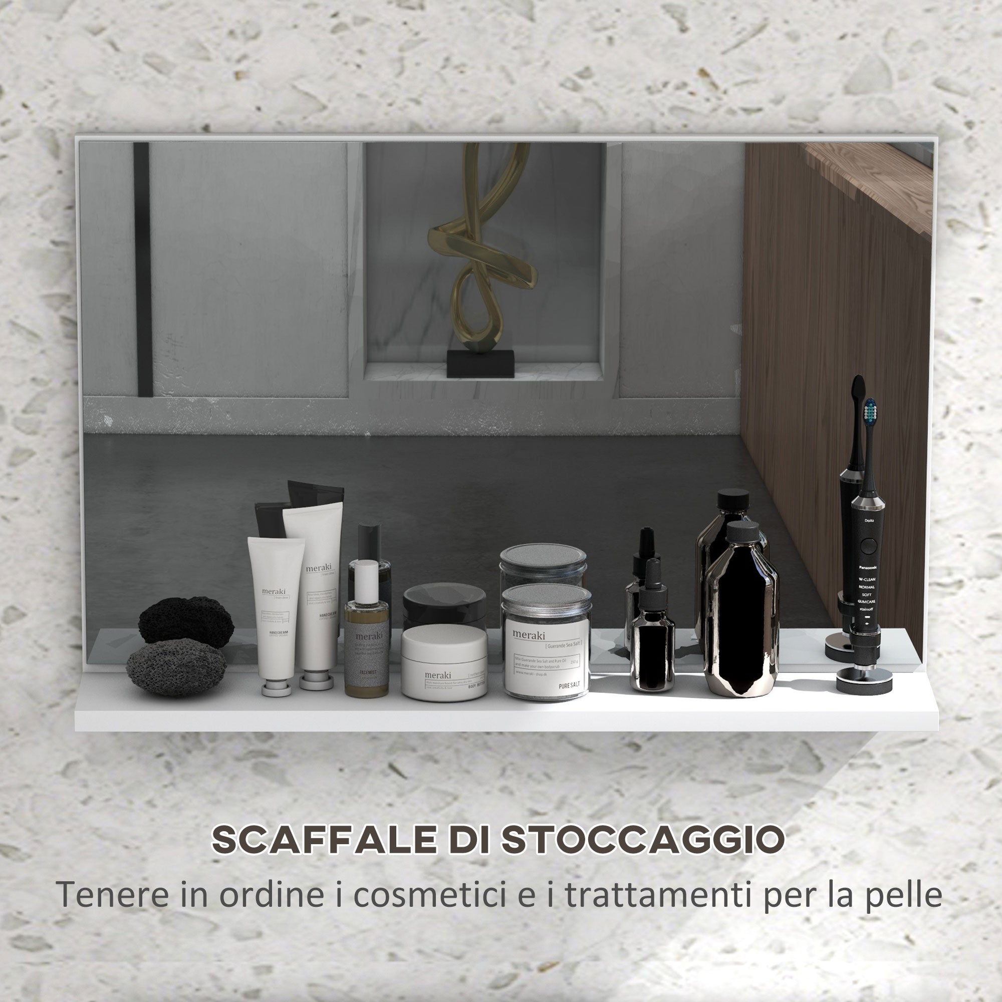 Wall Bathroom Mirror with Shelf, Modern Multi-Purpose Mirror for Bathroom, Bedroom, and Entryway, 60x12x40 cm, White