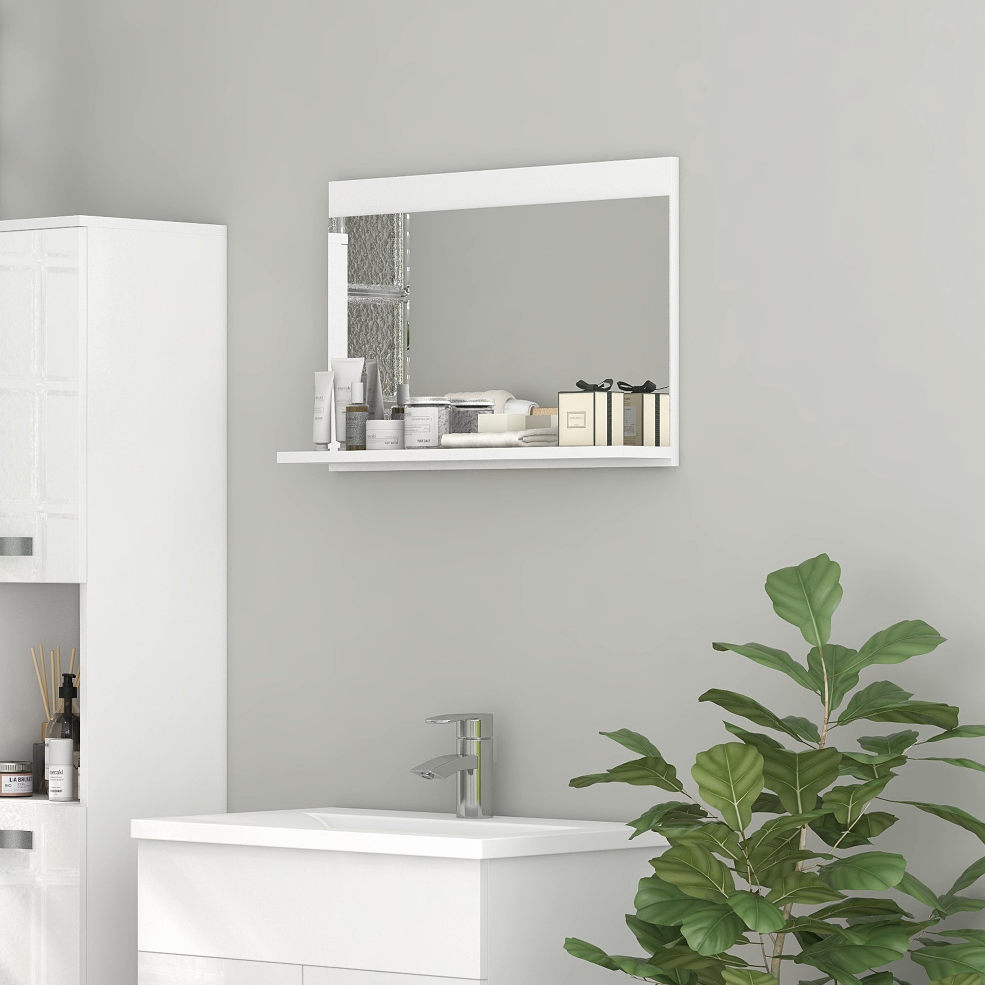 Wall Bathroom Mirror with Shelf, Modern Multi-Purpose Mirror for Bathroom, Bedroom, and Entryway, 60x12x40 cm, White