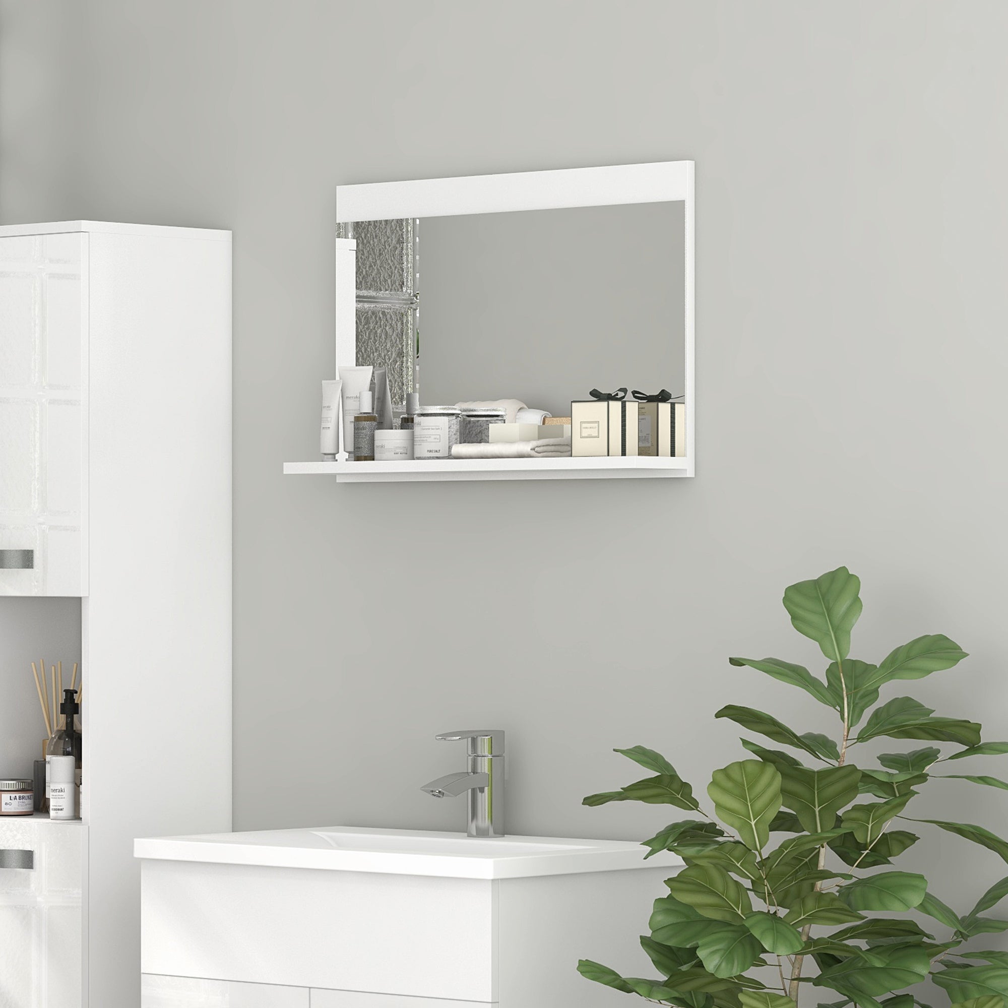 Wall Bathroom Mirror with Shelf, Modern Multi-Purpose Mirror for Bathroom, Bedroom, and Entryway, 60x12x40 cm, White