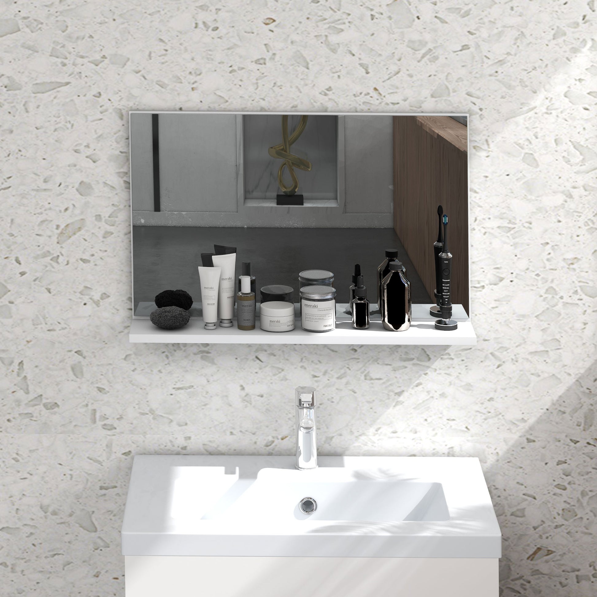 Wall Bathroom Mirror with Shelf, Modern Multi-Purpose Mirror for Bathroom, Bedroom, and Entryway, 60x12x40 cm, White
