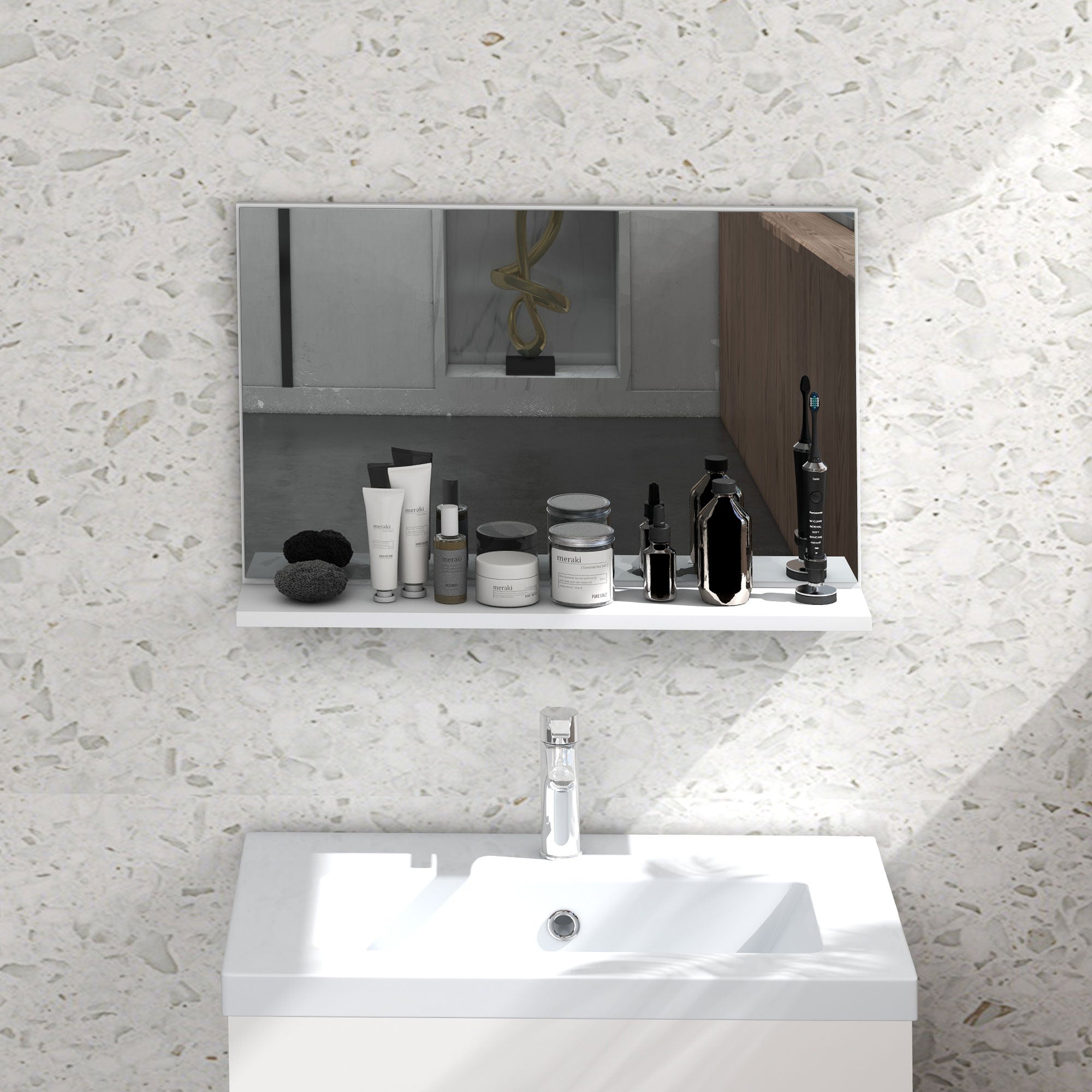 Wall Bathroom Mirror with Shelf, Modern Multi-Purpose Mirror for Bathroom, Bedroom, and Entryway, 60x12x40 cm, White