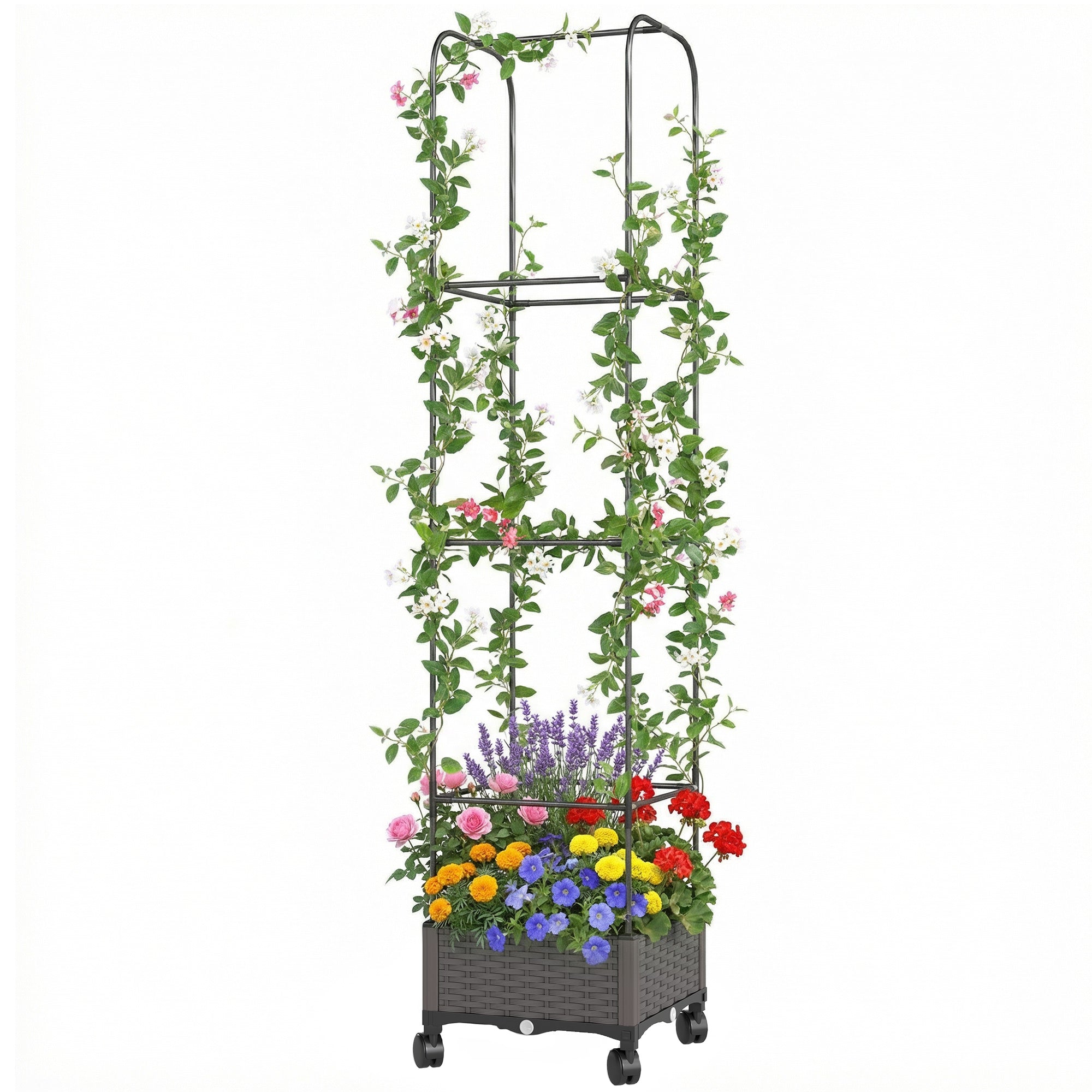 Raised Planter with Trellis, Mobile Planter on Wheels with Drain Hole, Plastic Trough for Climbing Plants, 15.7 x 15.7 x 72.8 in