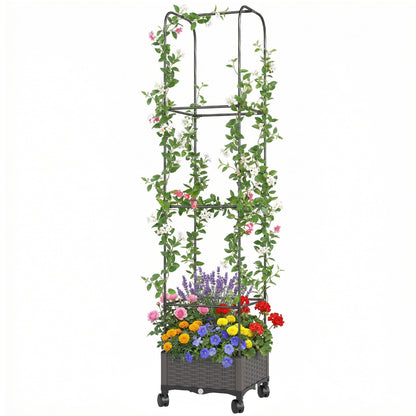 Raised Planter with Trellis, Mobile Planter on Wheels with Drain Hole, Plastic Trough for Climbing Plants, 15.7 x 15.7 x 72.8 in
