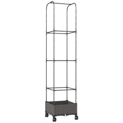 Raised Planter with Trellis, Mobile Planter on Wheels with Drain Hole, Plastic Trough for Climbing Plants, 15.7 x 15.7 x 72.8 in