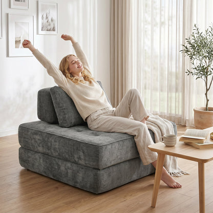 2-in-1 Folding Single Sofa Bed – Chenille Floor Chair with Thick Foldable Mattress, Removable Pillow & Backrest, Compressed, No Assembly, Gray