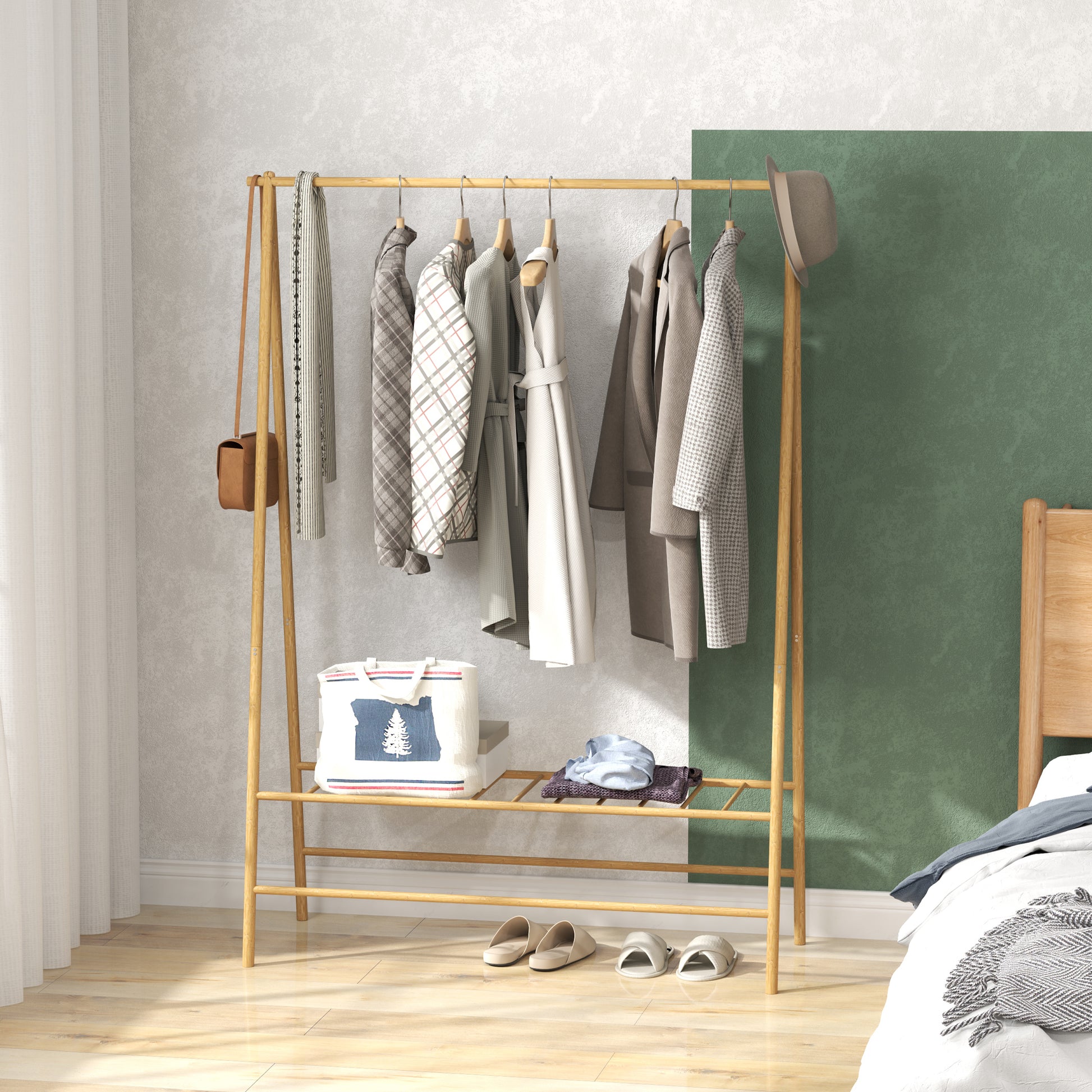 Clothes Rack Coat Stand with Shelves, Hooks, Clothes Rail, Wardrobe in Bamboo for Bedroom, Exhibitions, Laundry Room, Natural Wood