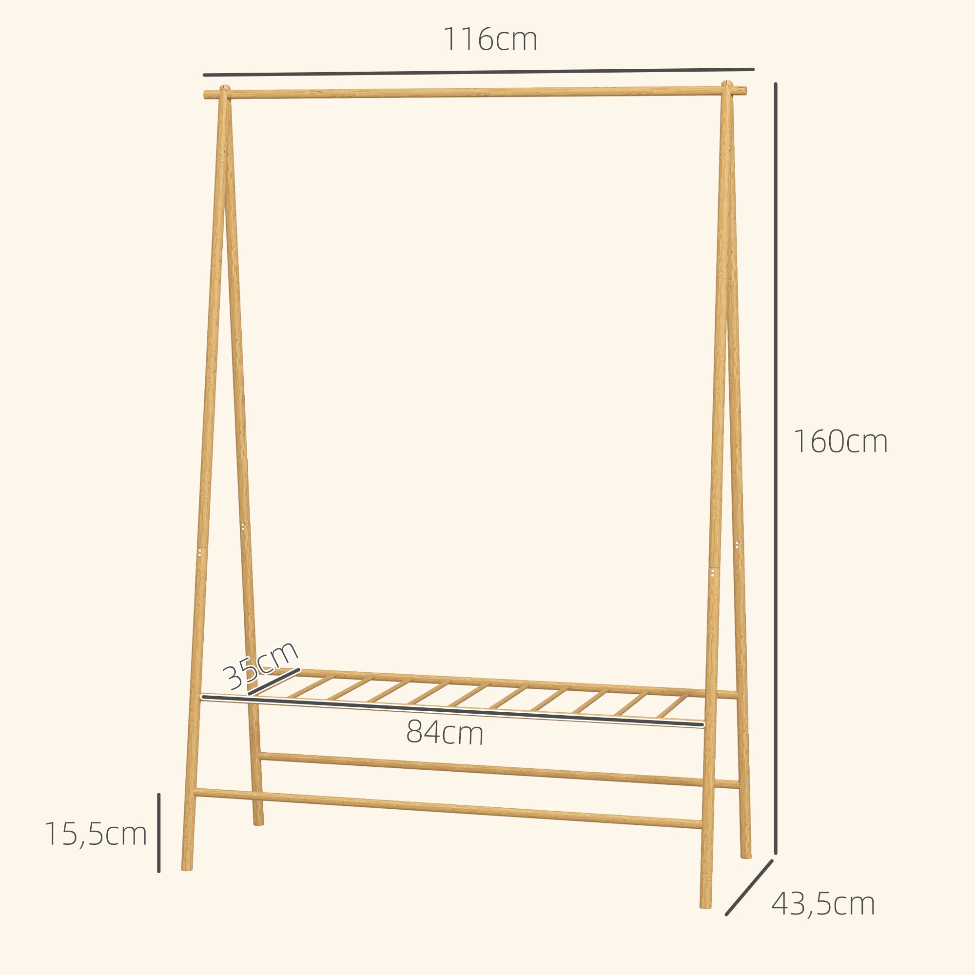 Clothes Rack Coat Stand with Shelves, Hooks, Clothes Rail, Wardrobe in Bamboo for Bedroom, Exhibitions, Laundry Room, Natural Wood