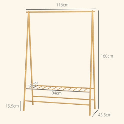 Clothes Rack Coat Stand with Shelves, Hooks, Clothes Rail, Wardrobe in Bamboo for Bedroom, Exhibitions, Laundry Room, Natural Wood