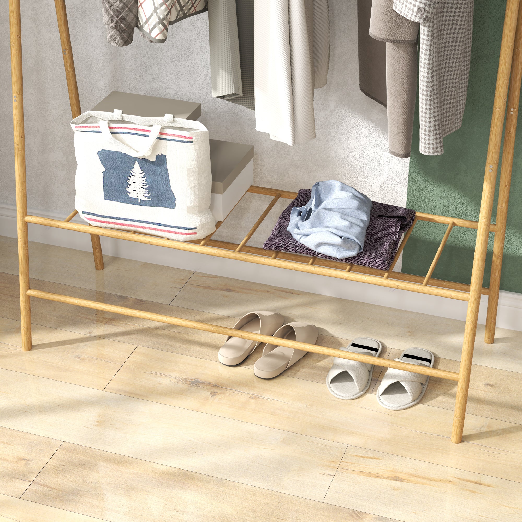 Clothes Rack Coat Stand with Shelves, Hooks, Clothes Rail, Wardrobe in Bamboo for Bedroom, Exhibitions, Laundry Room, Natural Wood