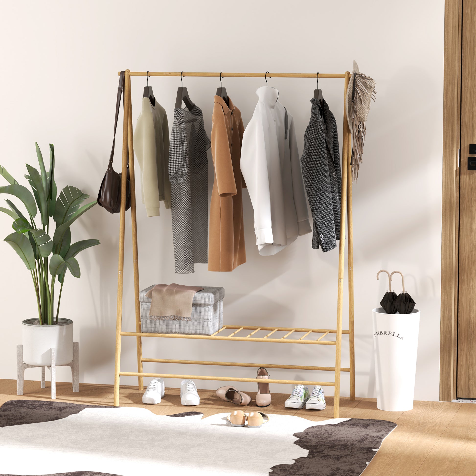 Clothes Rack Coat Stand with Shelves, Hooks, Clothes Rail, Wardrobe in Bamboo for Bedroom, Exhibitions, Laundry Room, Natural Wood
