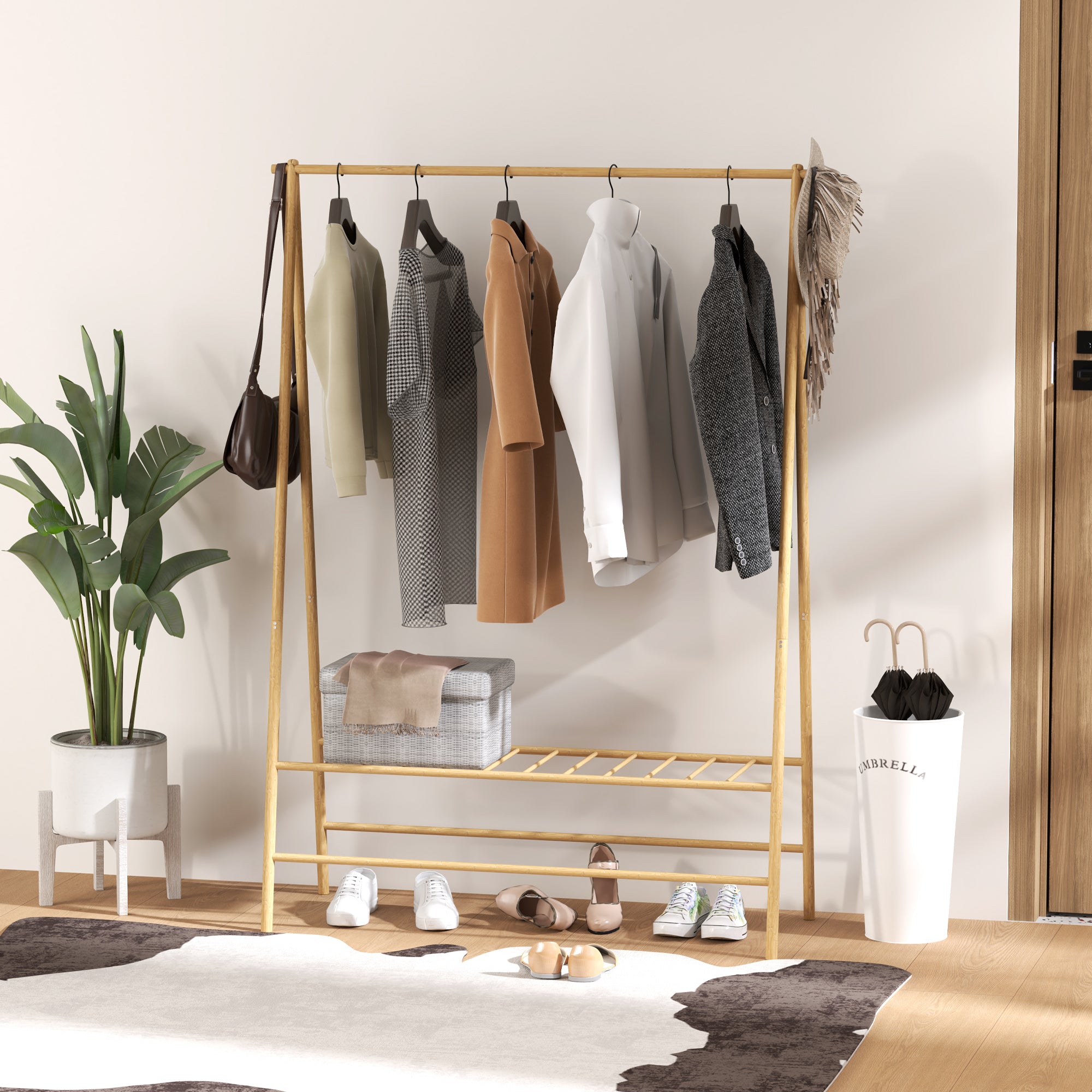 Clothes Rack Coat Stand with Shelves, Hooks, Clothes Rail, Wardrobe in Bamboo for Bedroom, Exhibitions, Laundry Room, Natural Wood
