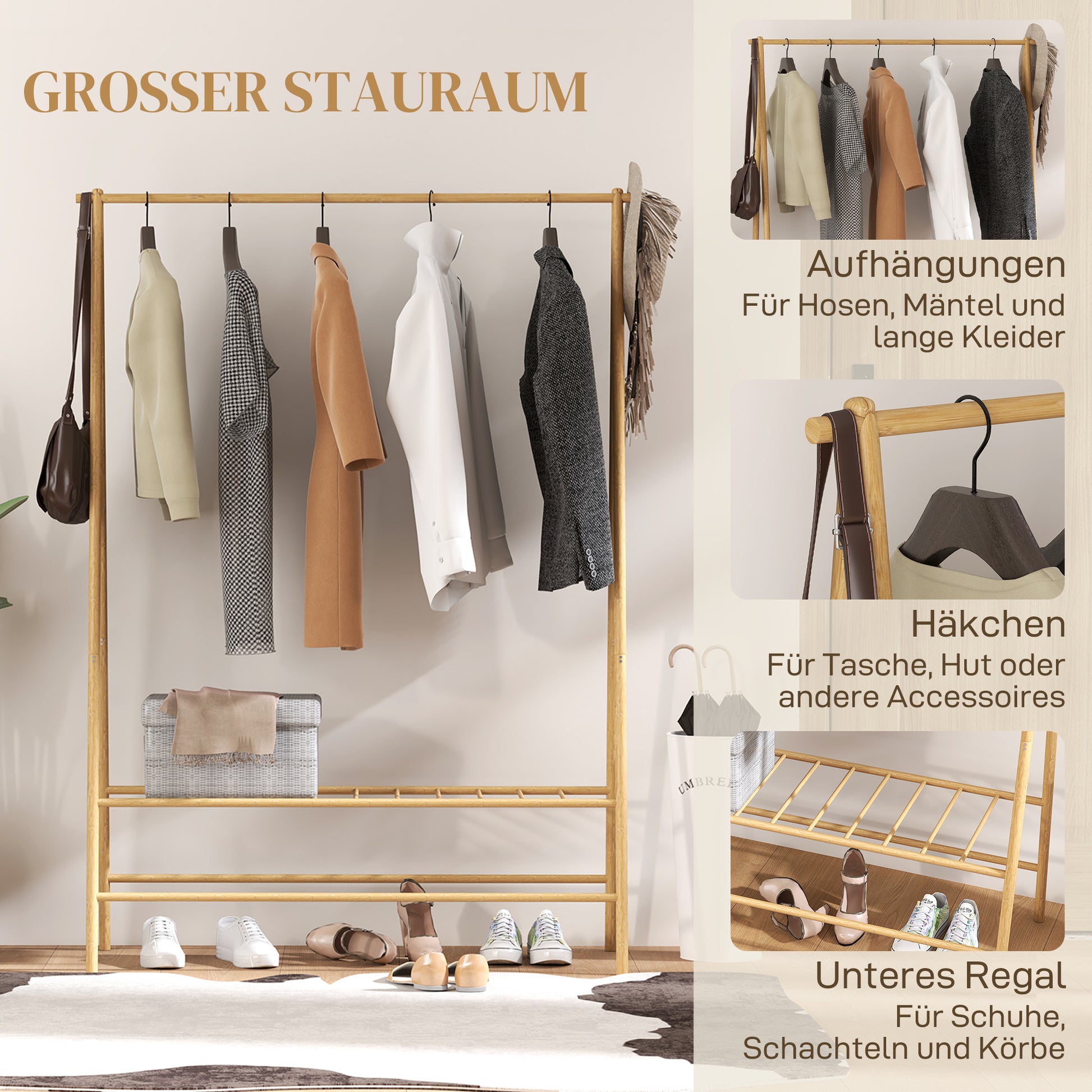 Clothes Rack Coat Stand with Shelves, Hooks, Clothes Rail, Wardrobe in Bamboo for Bedroom, Exhibitions, Laundry Room, Natural Wood