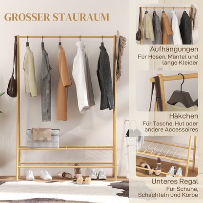 Clothes Rack Coat Stand with Shelves, Hooks, Clothes Rail, Wardrobe in Bamboo for Bedroom, Exhibitions, Laundry Room, Natural Wood