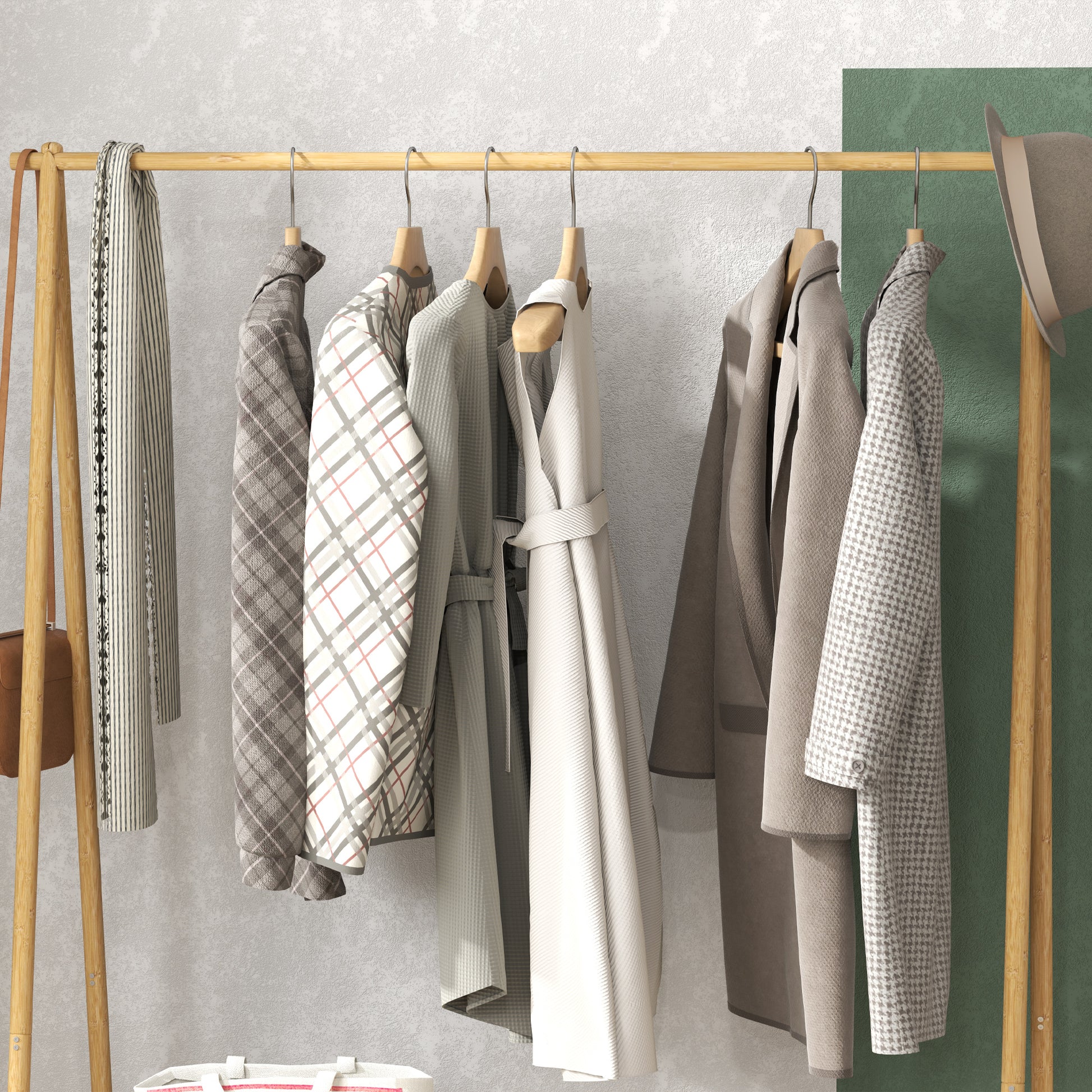 Clothes Rack Coat Stand with Shelves, Hooks, Clothes Rail, Wardrobe in Bamboo for Bedroom, Exhibitions, Laundry Room, Natural Wood