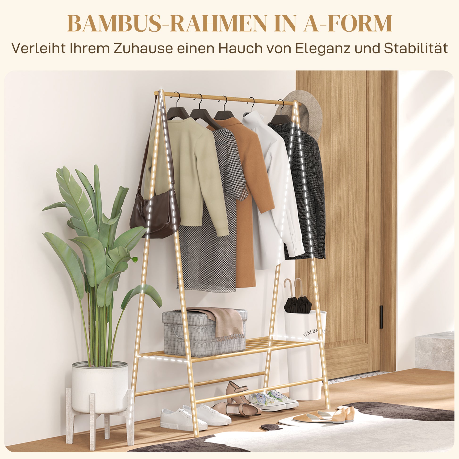 Clothes Rack Coat Stand with Shelves, Hooks, Clothes Rail, Wardrobe in Bamboo for Bedroom, Exhibitions, Laundry Room, Natural Wood