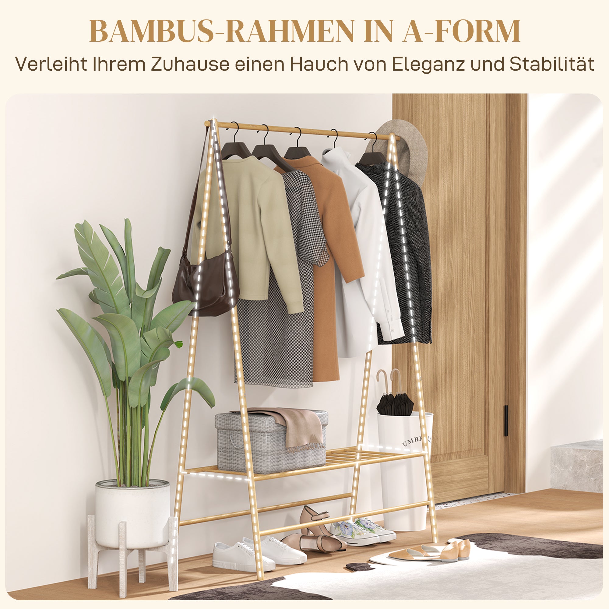 Clothes Rack Coat Stand with Shelves, Hooks, Clothes Rail, Wardrobe in Bamboo for Bedroom, Exhibitions, Laundry Room, Natural Wood