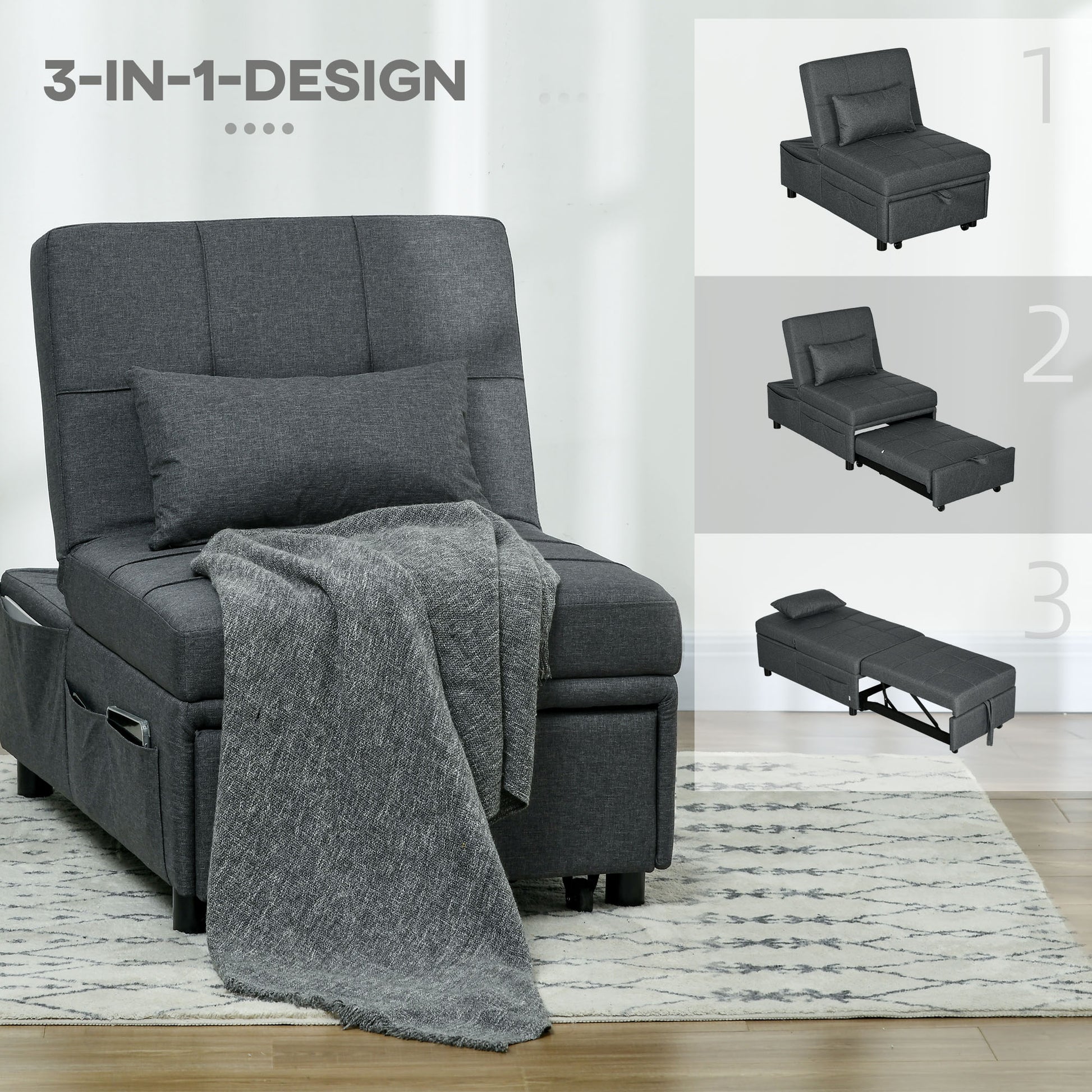 3-in-1 Sleeper Chair with Bed Function, Pull-Out Sofa Bed, Sleep Chair with Side Pocket, Adjustable Backrest, Holds up to 150 kg, for Living Room, Bedroom, Gray