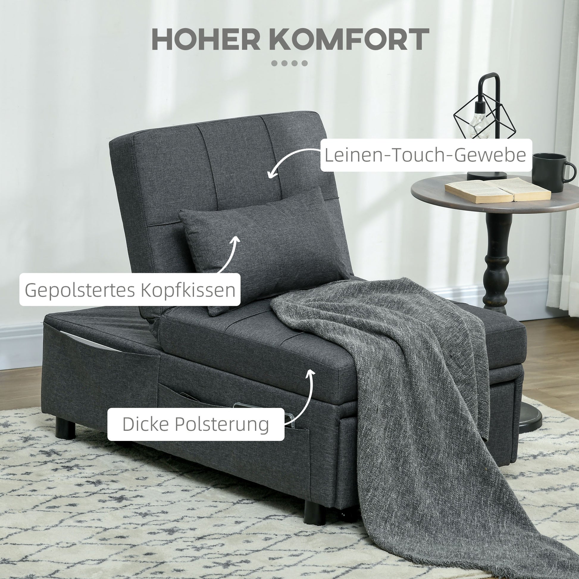 3-in-1 Sleeper Chair with Bed Function, Pull-Out Sofa Bed, Sleep Chair with Side Pocket, Adjustable Backrest, Holds up to 150 kg, for Living Room, Bedroom, Gray