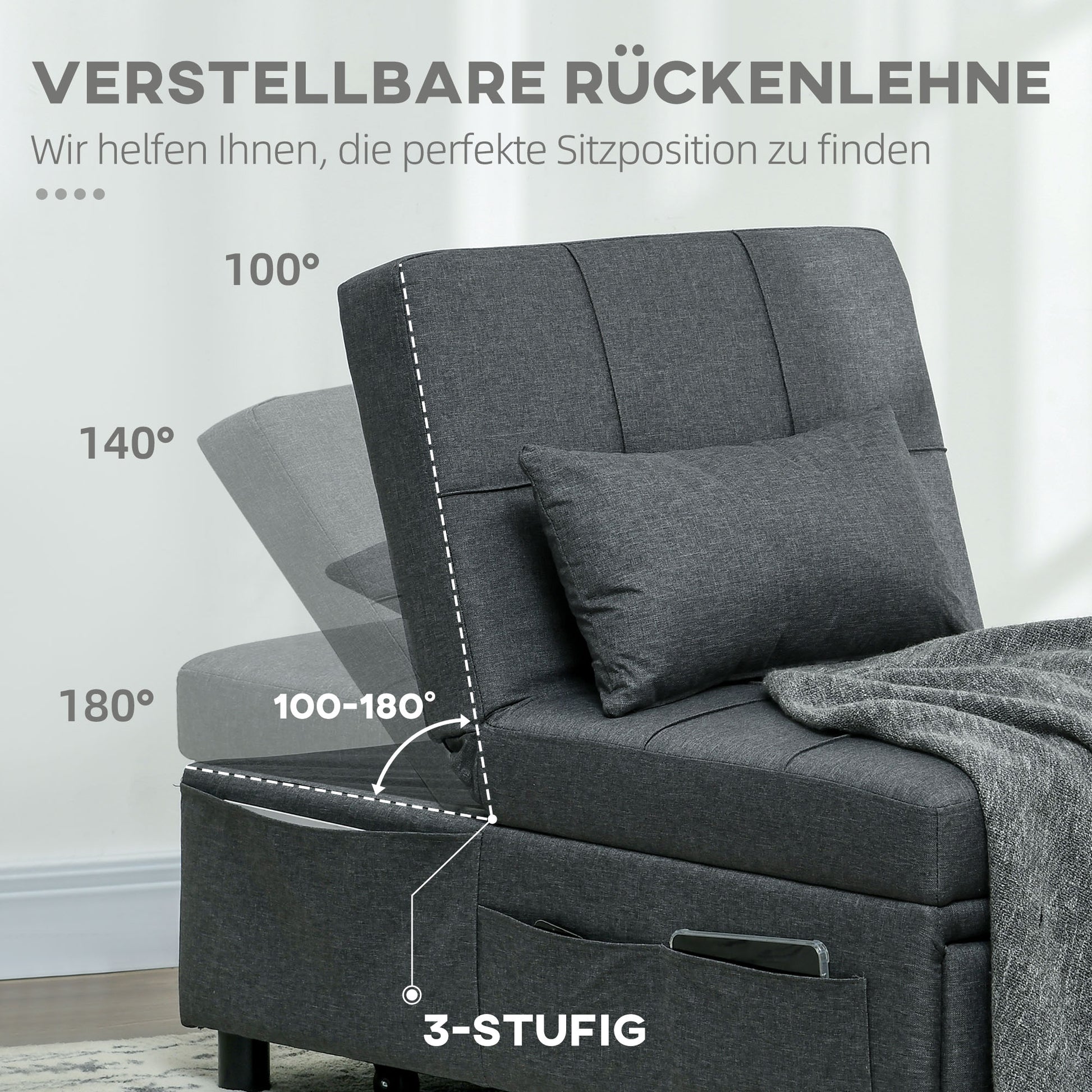 3-in-1 Sleeper Chair with Bed Function, Pull-Out Sofa Bed, Sleep Chair with Side Pocket, Adjustable Backrest, Holds up to 150 kg, for Living Room, Bedroom, Gray