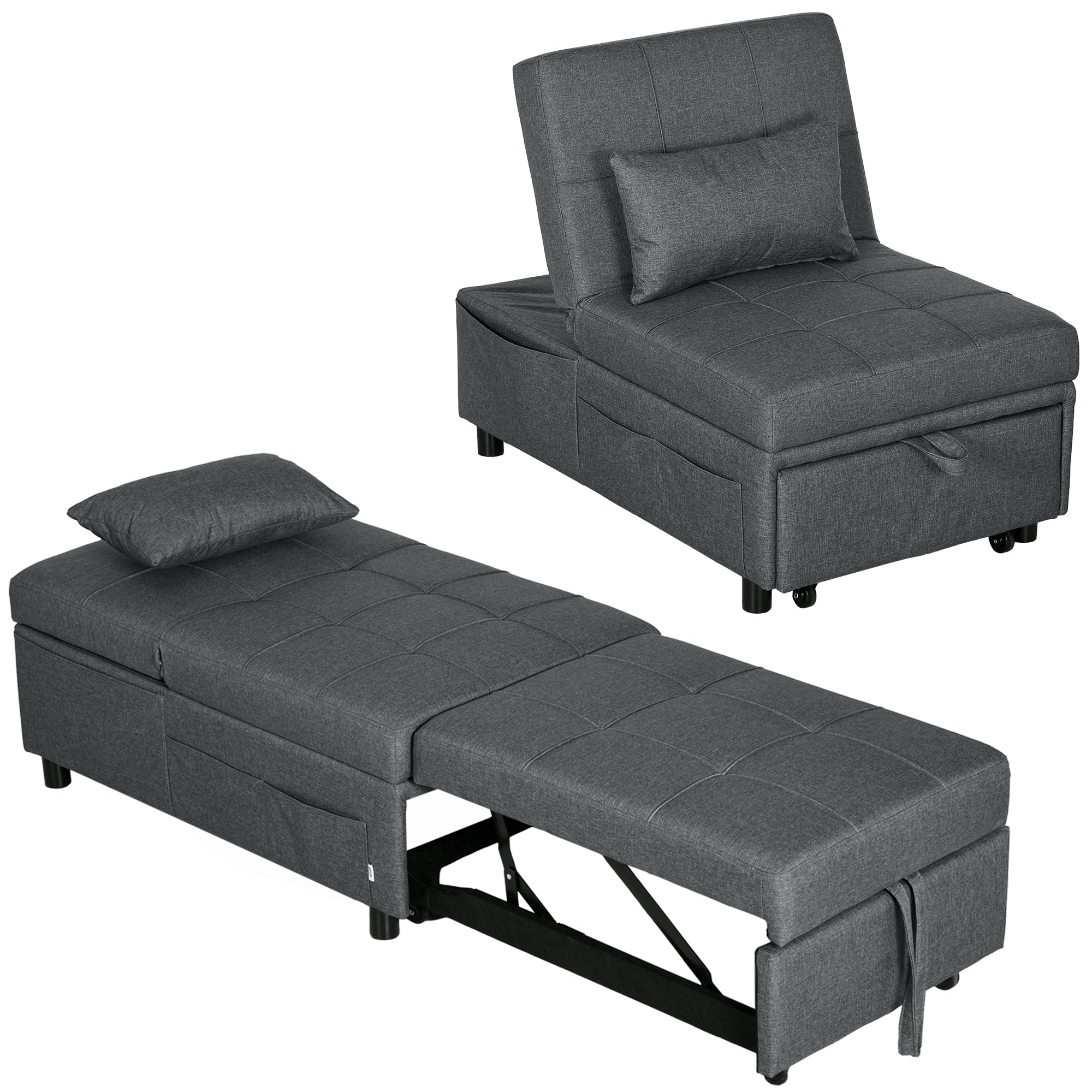 3-in-1 Sleeper Chair with Bed Function, Pull-Out Sofa Bed, Sleep Chair with Side Pocket, Adjustable Backrest, Holds up to 150 kg, for Living Room, Bedroom, Gray
