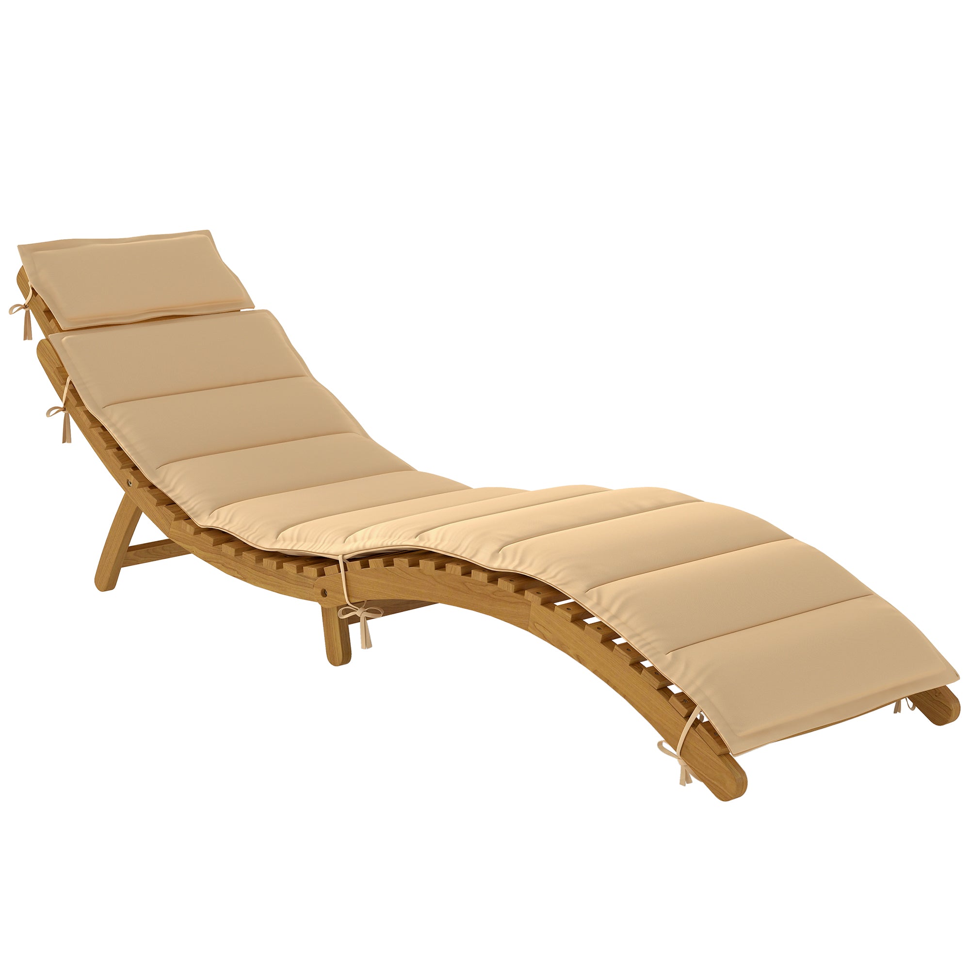 Folding Wooden Sun Lounger, Weather-Resistant Acacia Deck Chair with Cushion & Headrest, Carry Handle — Beige, 72 x 21.3 x 24.8 in (183 x 54 x 63 cm), Up to 265 lb