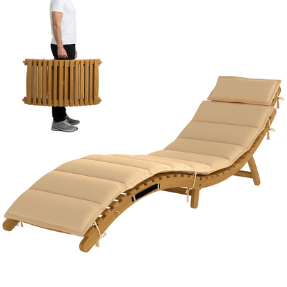 Folding Wooden Sun Lounger, Weather-Resistant Acacia Deck Chair with Cushion & Headrest, Carry Handle — Beige, 72 x 21.3 x 24.8 in (183 x 54 x 63 cm), Up to 265 lb