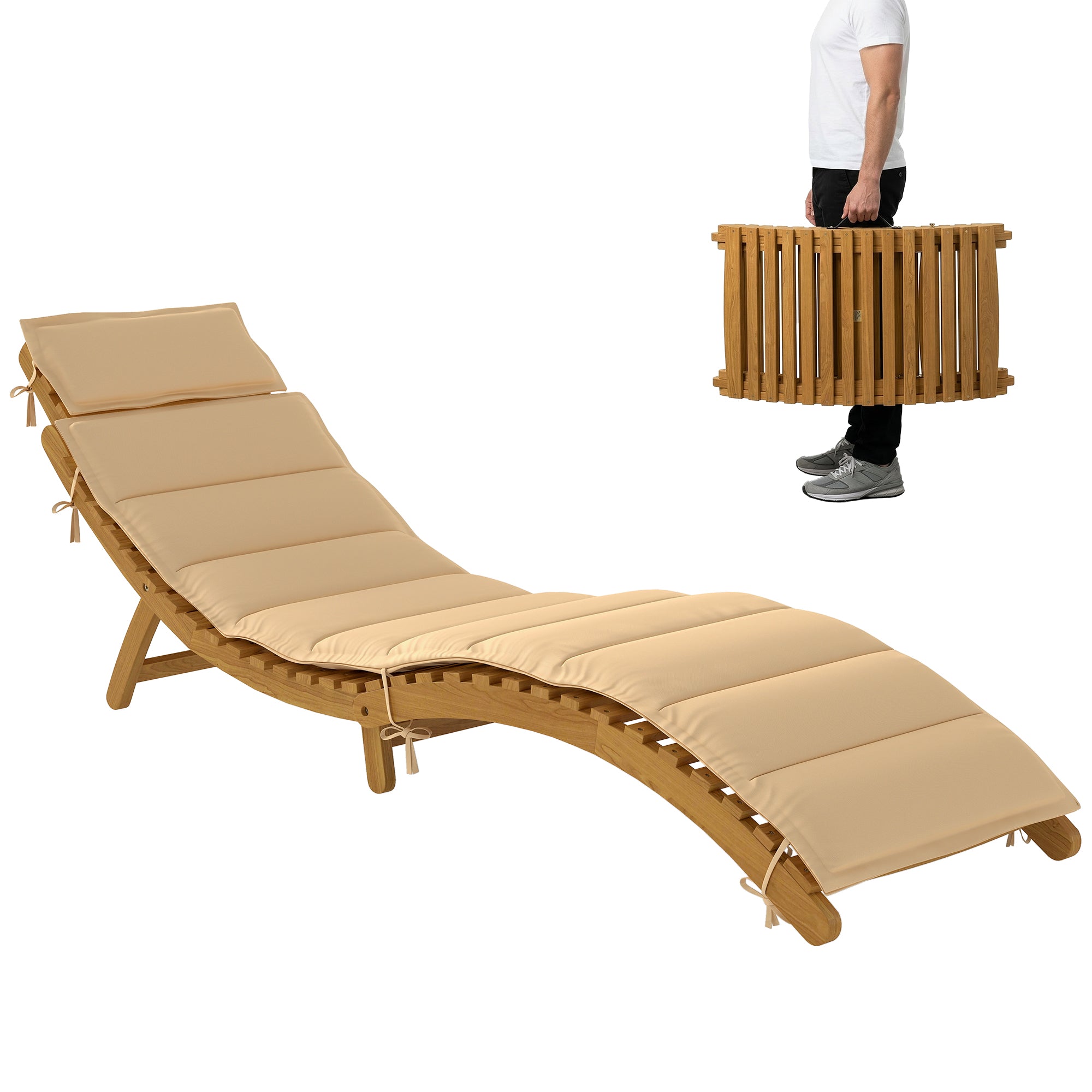 Folding Wooden Sun Lounger, Weather-Resistant Acacia Deck Chair with Cushion & Headrest, Carry Handle — Beige, 72 x 21.3 x 24.8 in (183 x 54 x 63 cm), Up to 265 lb