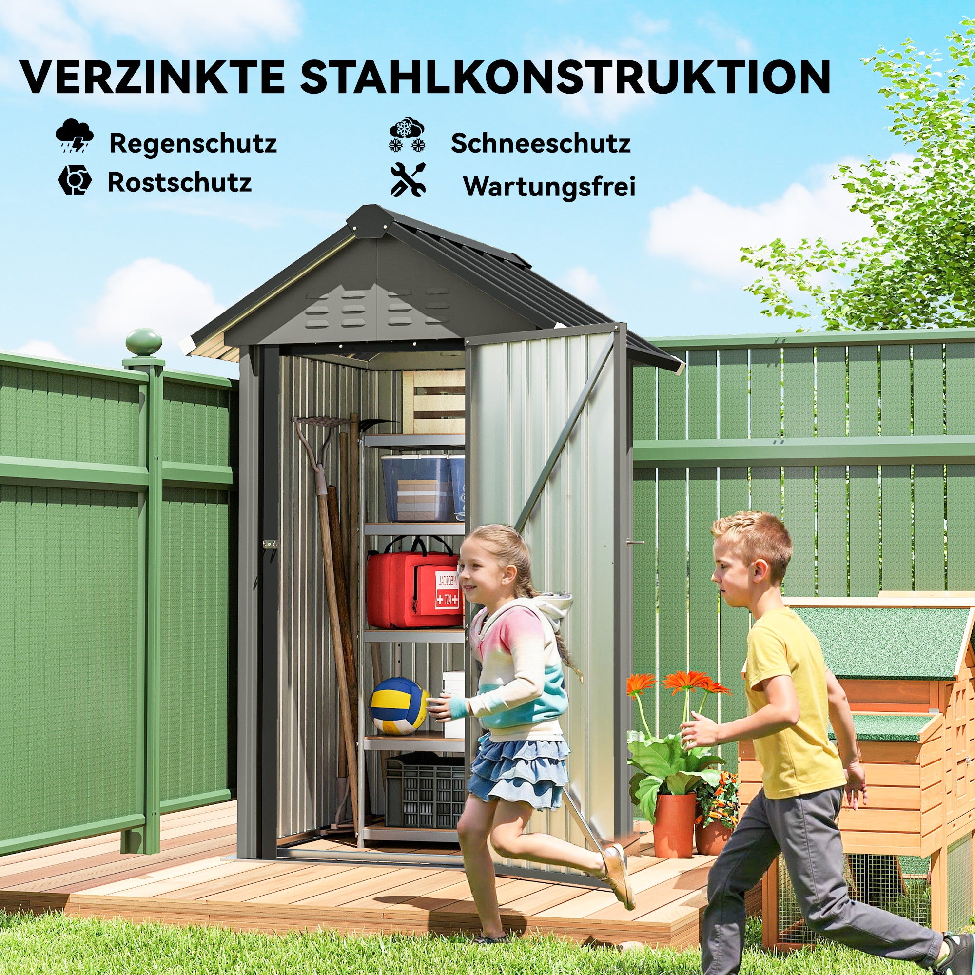 Galvanized Metal Garden Shed, 1.17 m² (12.6 ft²) – Ventilated, Lockable Storage with Gable Roof, Gloves Included, Light Gray