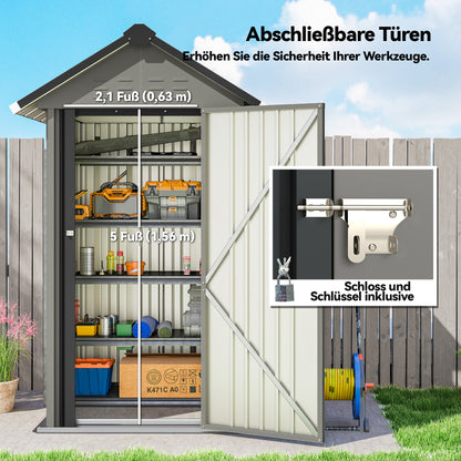 Galvanized Metal Garden Shed, 1.17 m² (12.6 ft²) – Ventilated, Lockable Storage with Gable Roof, Gloves Included, Light Gray