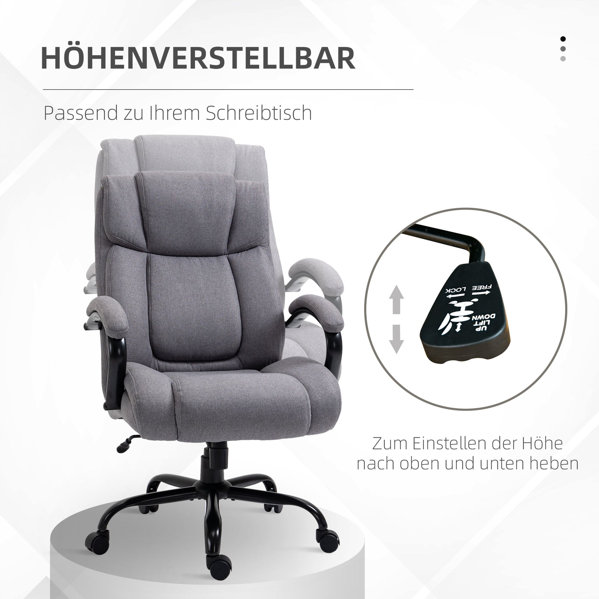 Office Chair, Ergonomic Executive Chair, Padded Desk Chair with Armrest, Height Adjustable Swivel Chair with Tilt Function, Linen Look, Holds up to 220 kg, Light Grey