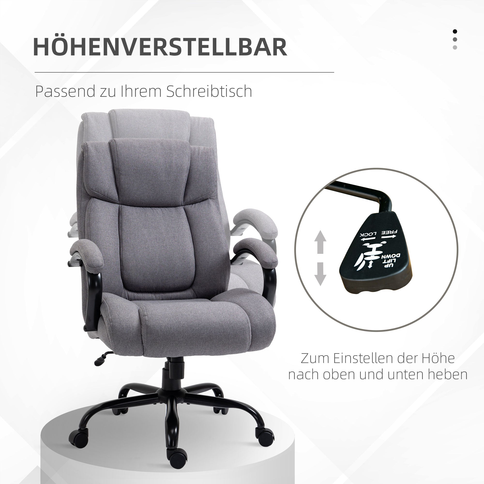 Office Chair, Ergonomic Executive Chair, Padded Desk Chair with Armrest, Height Adjustable Swivel Chair with Tilt Function, Linen Look, Holds up to 220 kg, Light Grey