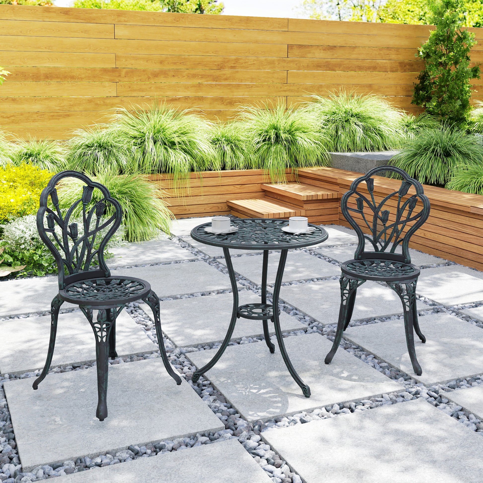 2-Seater Garden Lounge Set 2 Chairs + Round Table Cast Aluminum Imitation Wrought Iron Green