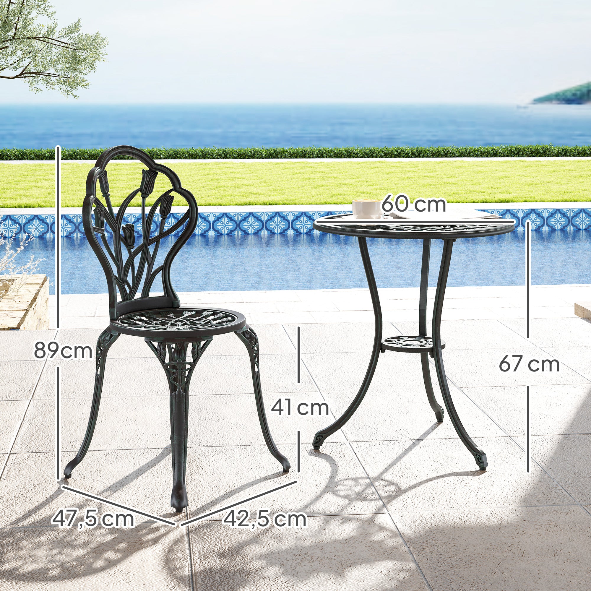 2-Seater Garden Lounge Set 2 Chairs + Round Table Cast Aluminum Imitation Wrought Iron Green