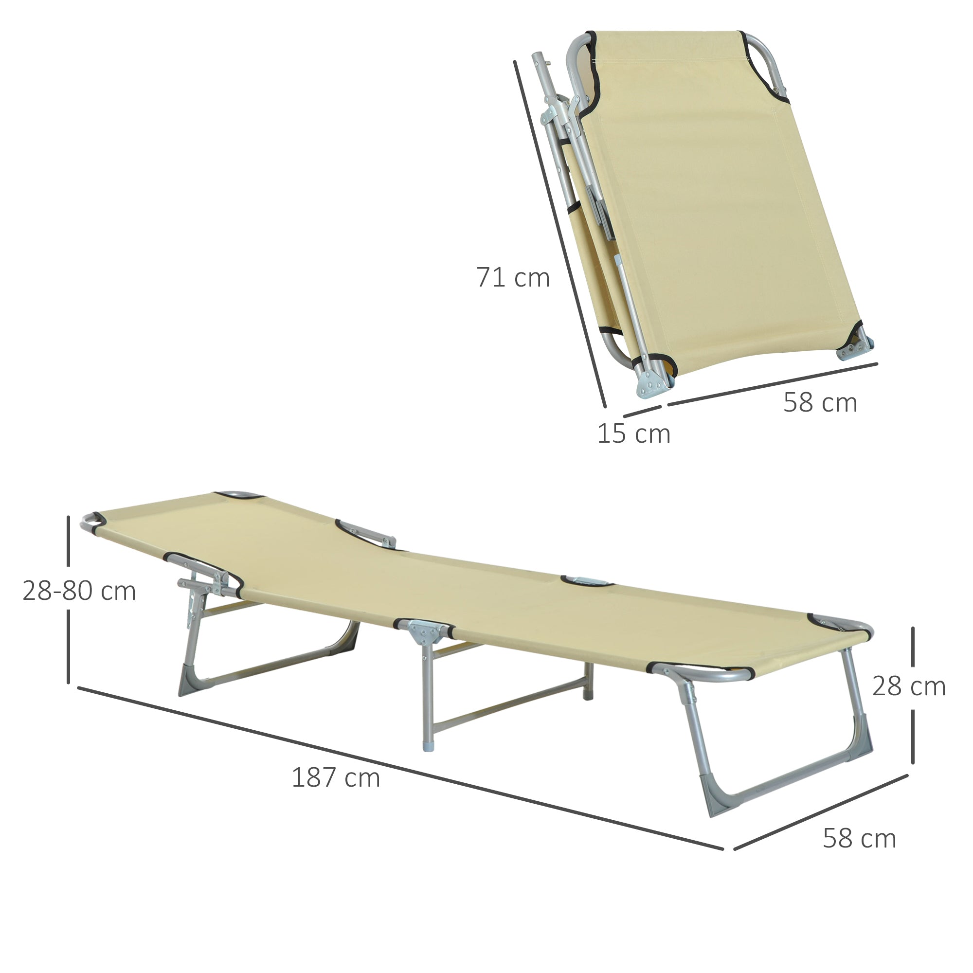 Folding Camping Bed Lounge Chair with 4-Level Adjustable Backrest 120kg Weight Capacity for Beach Garden Pool Hiking 187x58x28 cm Beige