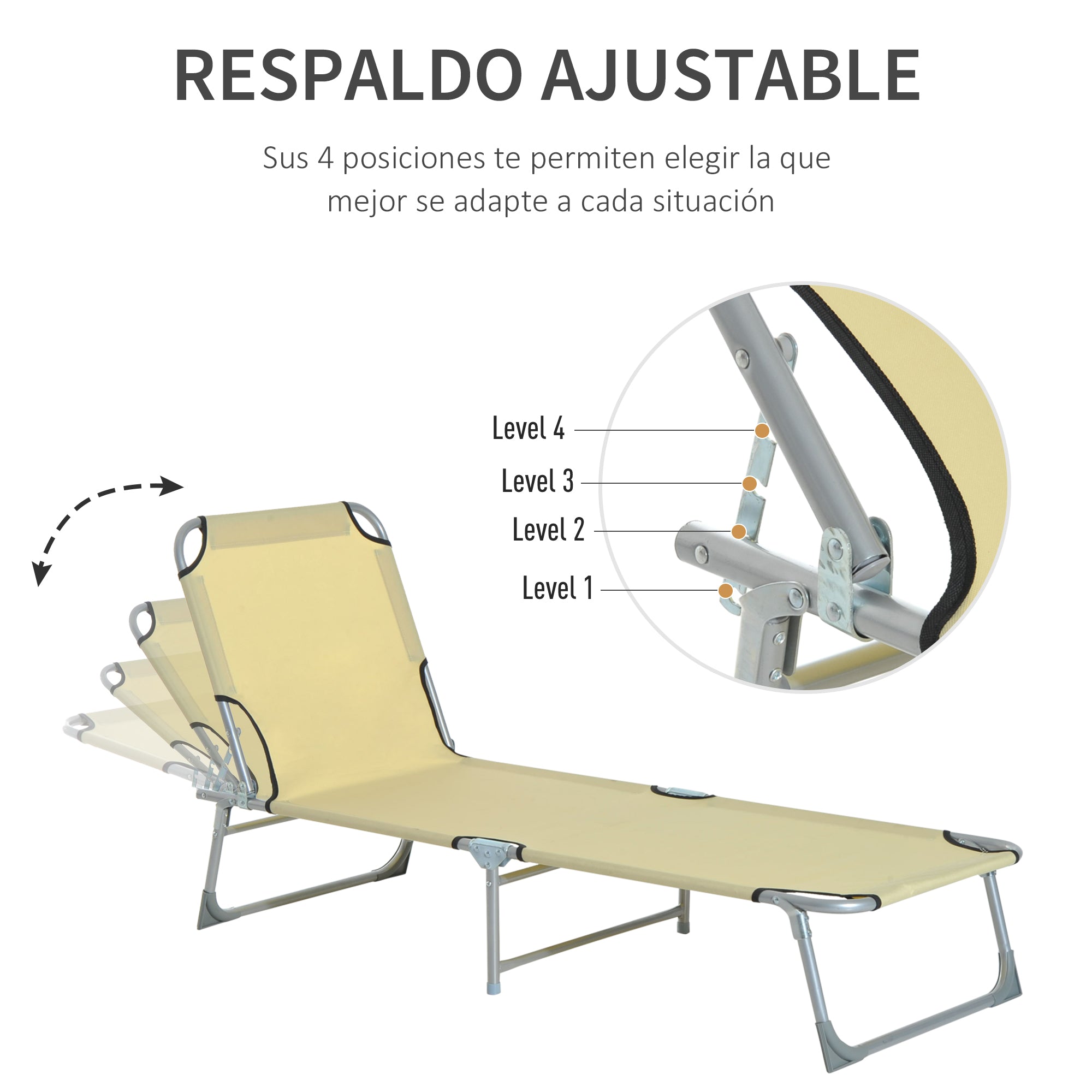 Folding Camping Bed Lounge Chair with 4-Level Adjustable Backrest 120kg Weight Capacity for Beach Garden Pool Hiking 187x58x28 cm Beige