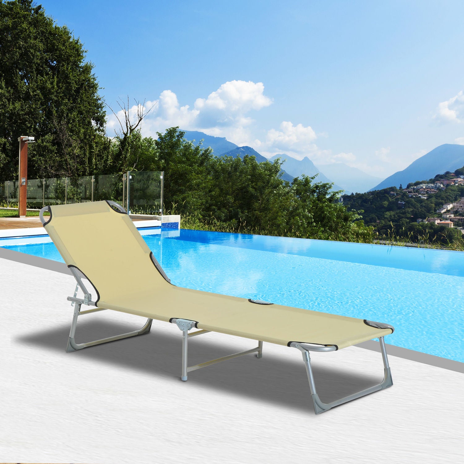 Folding Camping Bed Lounge Chair with 4-Level Adjustable Backrest 120kg Weight Capacity for Beach Garden Pool Hiking 187x58x28 cm Beige