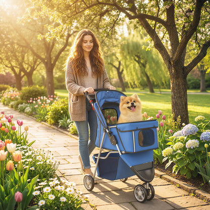 Foldable Pet Stroller for Small Dogs — Mesh Windows, Storage Basket & Cup Holder, 22 lb Capacity, Blue