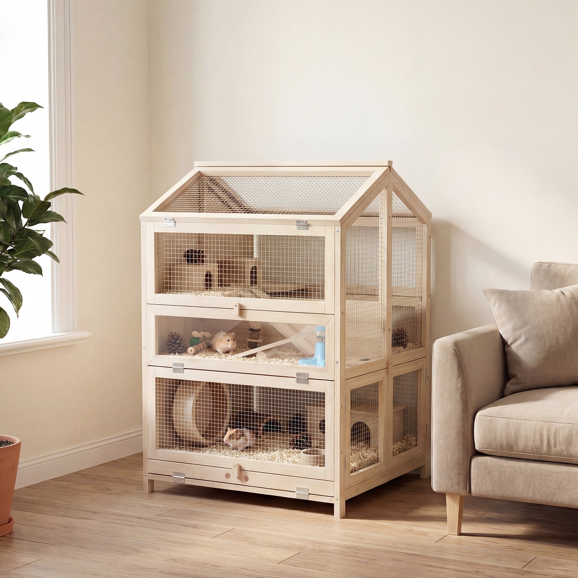 3-Level Fir Wood Hamster Cage with Ramps, Platforms, Nests & Removable ABS Tray — 26.8 × 24.2 × 35.4 in (68 × 61.5 × 90 cm), Natural