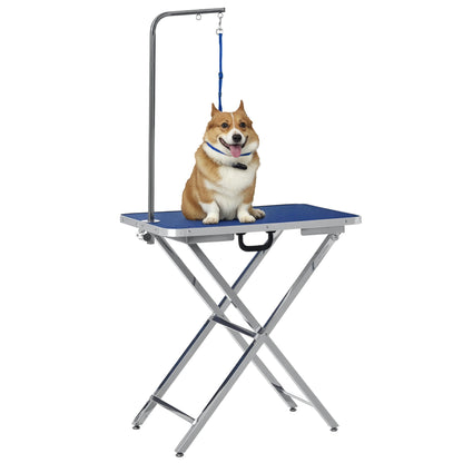 Pet Grooming Table Grooming Table Adjustable Height with Non-slip Countertop Foldable Stainless Steel Legs Handle and Adjustable Height Arm 72x45x74-81 cm Blue