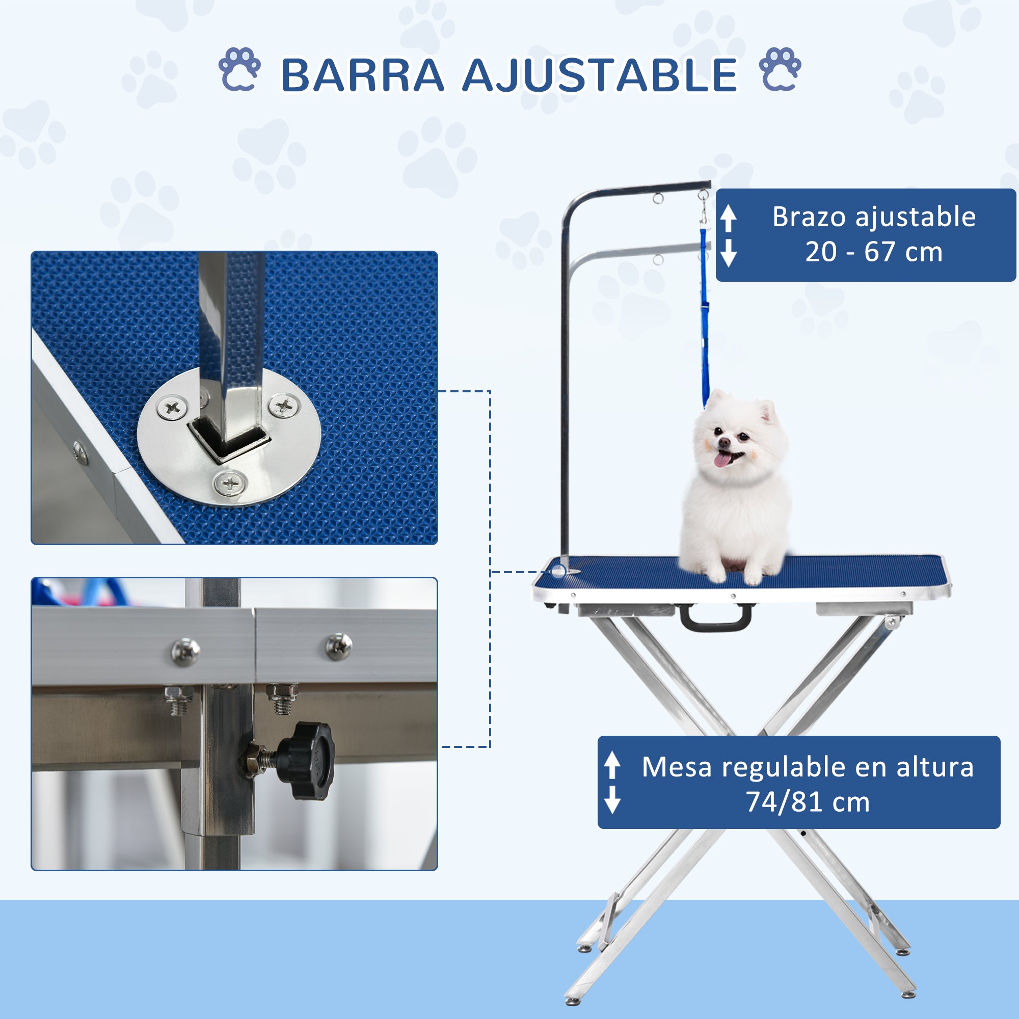 Pet Grooming Table Grooming Table Adjustable Height with Non-slip Countertop Foldable Stainless Steel Legs Handle and Adjustable Height Arm 72x45x74-81 cm Blue