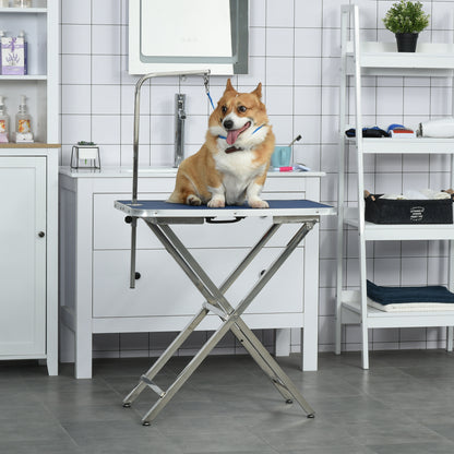 Pet Grooming Table Grooming Table Adjustable Height with Non-slip Countertop Foldable Stainless Steel Legs Handle and Adjustable Height Arm 72x45x74-81 cm Blue