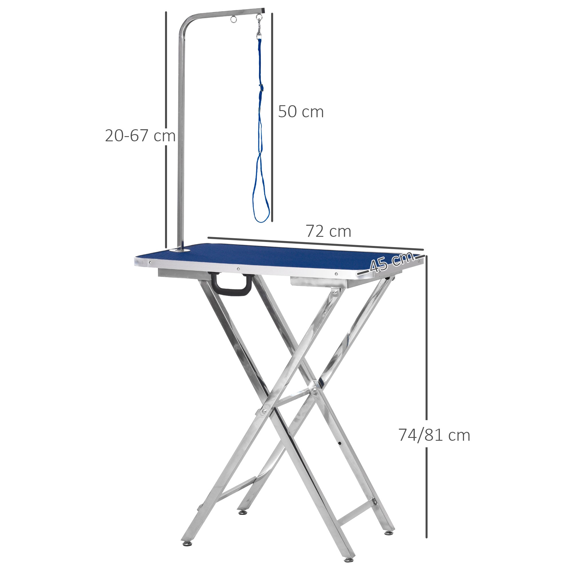Pet Grooming Table Grooming Table Adjustable Height with Non-slip Countertop Foldable Stainless Steel Legs Handle and Adjustable Height Arm 72x45x74-81 cm Blue