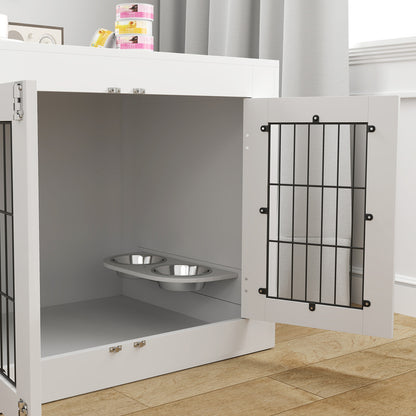Indoor Dog Crate, Wooden Dog Crate, 2 Rotating 360° Bowls, 2 Doors, Side Table, for Medium-Sized Dogs up to 20 kg, 80 x 60 x 63 cm, White
