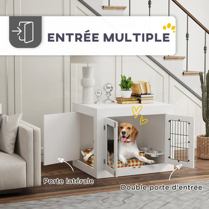 Indoor Dog Crate, Wooden Dog Crate, 2 Rotating 360° Bowls, 2 Doors, Side Table, for Medium-Sized Dogs up to 20 kg, 80 x 60 x 63 cm, White