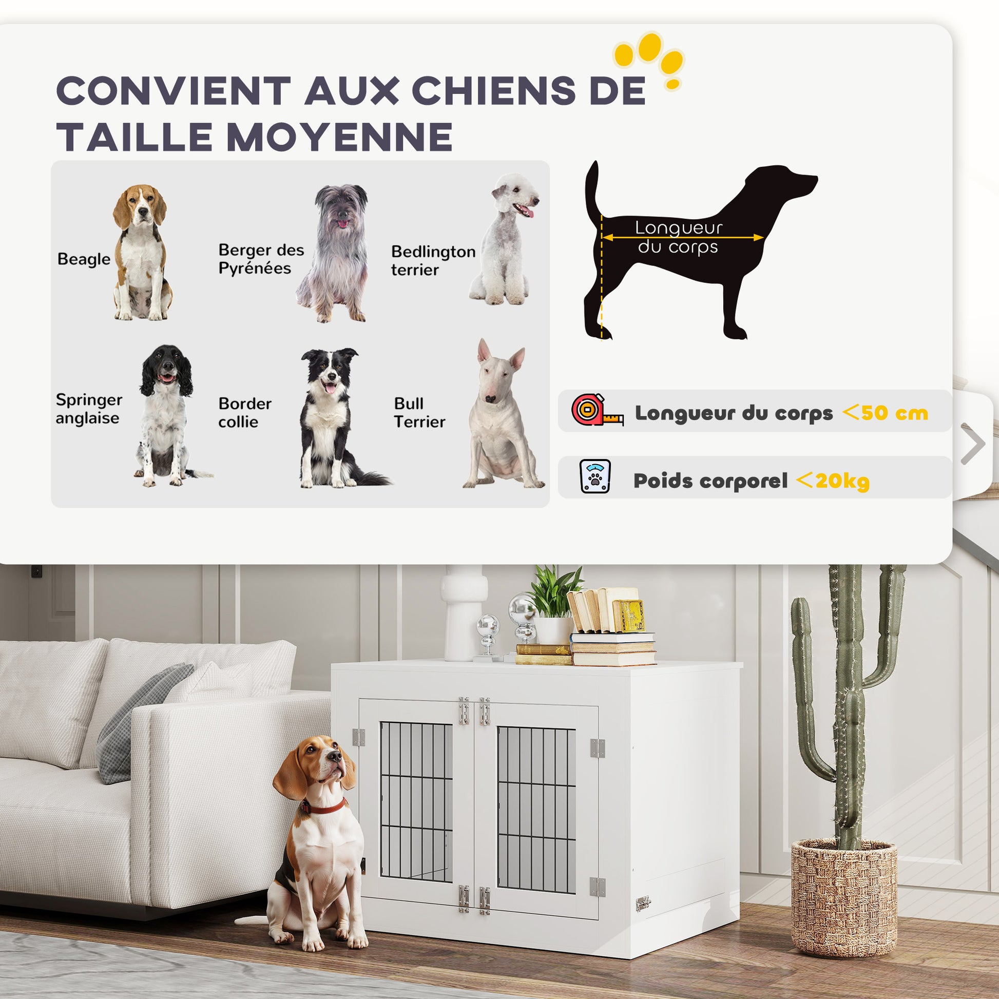 Indoor Dog Crate, Wooden Dog Crate, 2 Rotating 360° Bowls, 2 Doors, Side Table, for Medium-Sized Dogs up to 20 kg, 80 x 60 x 63 cm, White