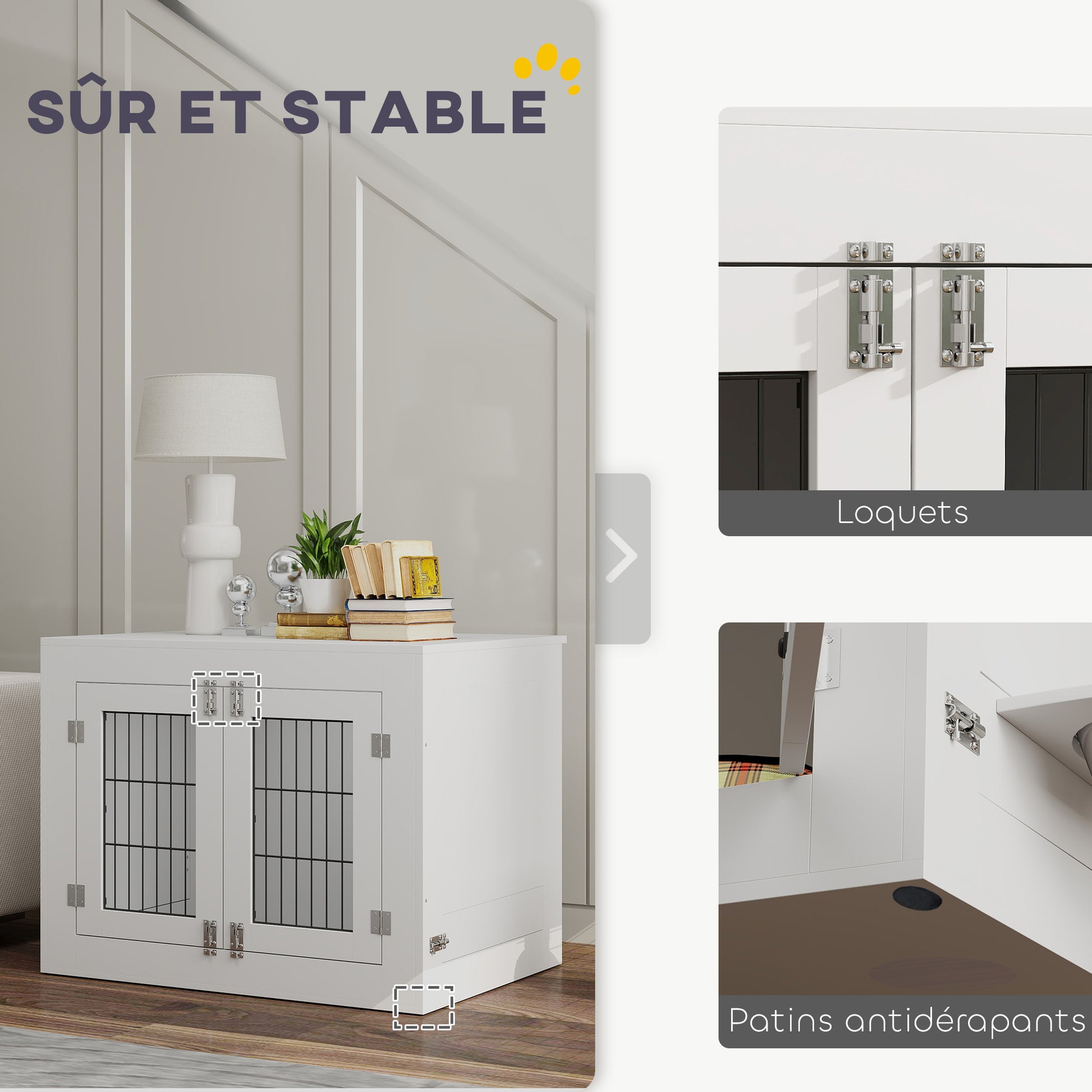 Indoor Dog Crate, Wooden Dog Crate, 2 Rotating 360° Bowls, 2 Doors, Side Table, for Medium-Sized Dogs up to 20 kg, 80 x 60 x 63 cm, White