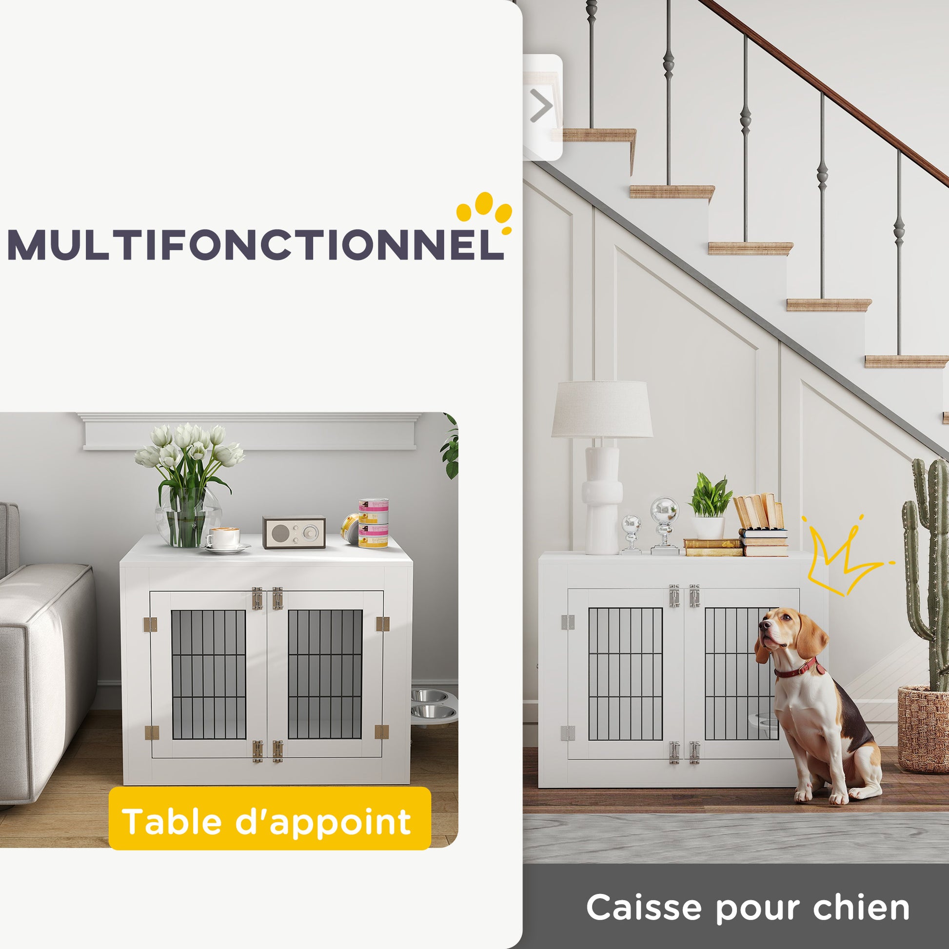 Indoor Dog Crate, Wooden Dog Crate, 2 Rotating 360° Bowls, 2 Doors, Side Table, for Medium-Sized Dogs up to 20 kg, 80 x 60 x 63 cm, White