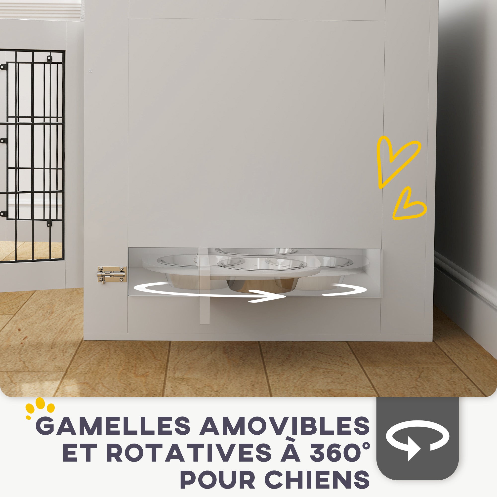 Indoor Dog Crate, Wooden Dog Crate, 2 Rotating 360° Bowls, 2 Doors, Side Table, for Medium-Sized Dogs up to 20 kg, 80 x 60 x 63 cm, White
