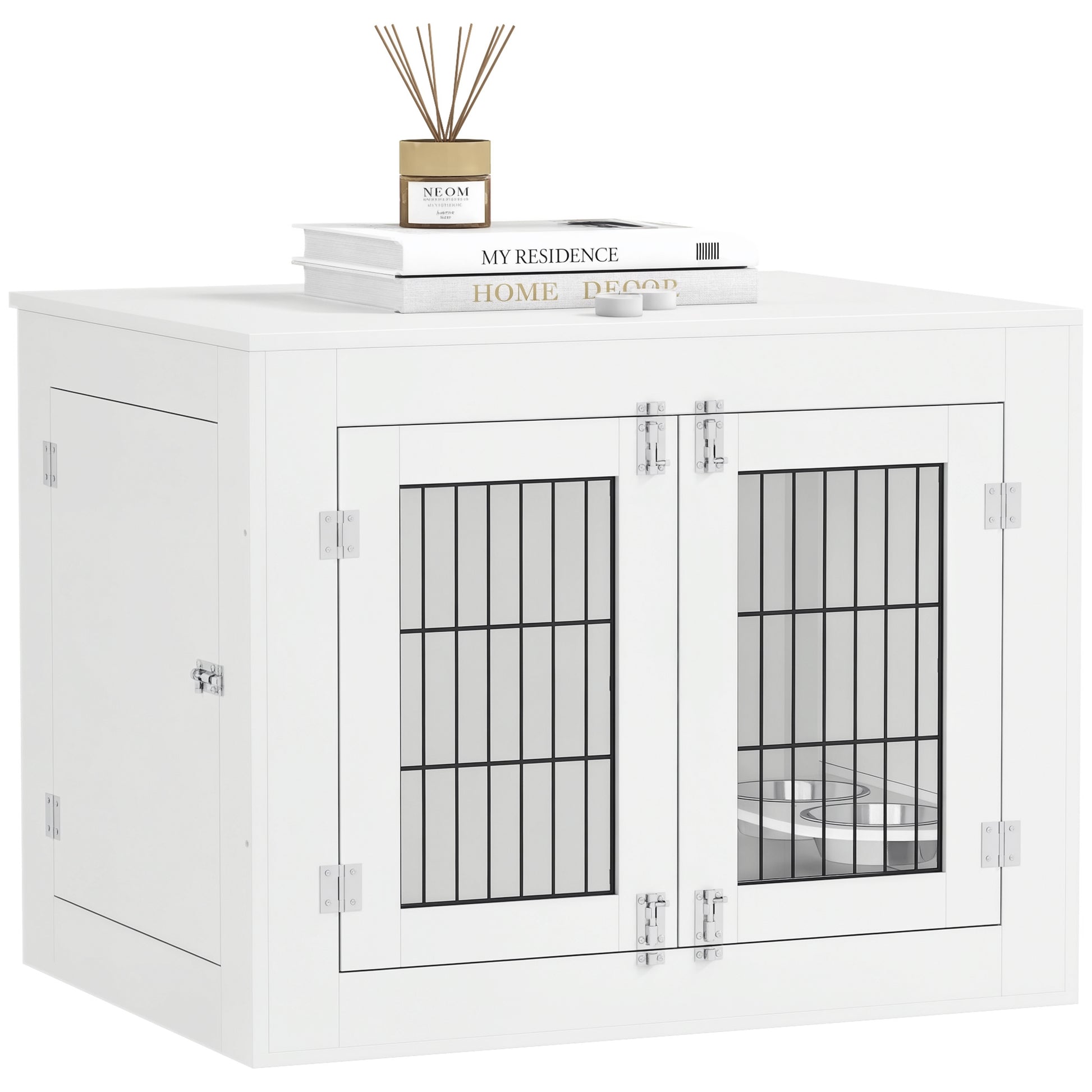 Indoor Dog Crate, Wooden Dog Crate, 2 Rotating 360° Bowls, 2 Doors, Side Table, for Medium-Sized Dogs up to 20 kg, 80 x 60 x 63 cm, White