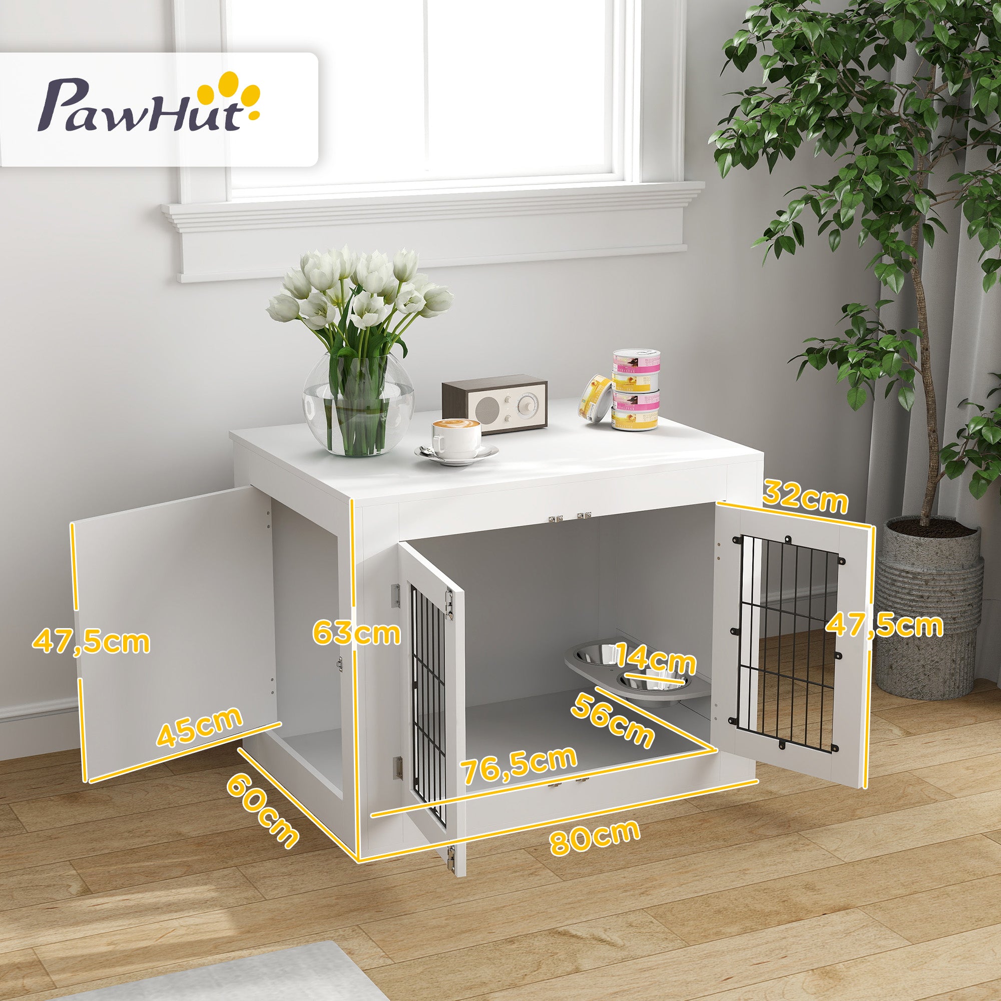 Indoor Dog Crate, Wooden Dog Crate, 2 Rotating 360° Bowls, 2 Doors, Side Table, for Medium-Sized Dogs up to 20 kg, 80 x 60 x 63 cm, White